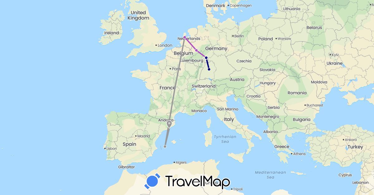 TravelMap itinerary: driving, plane, train in Germany, Spain, Netherlands (Europe)